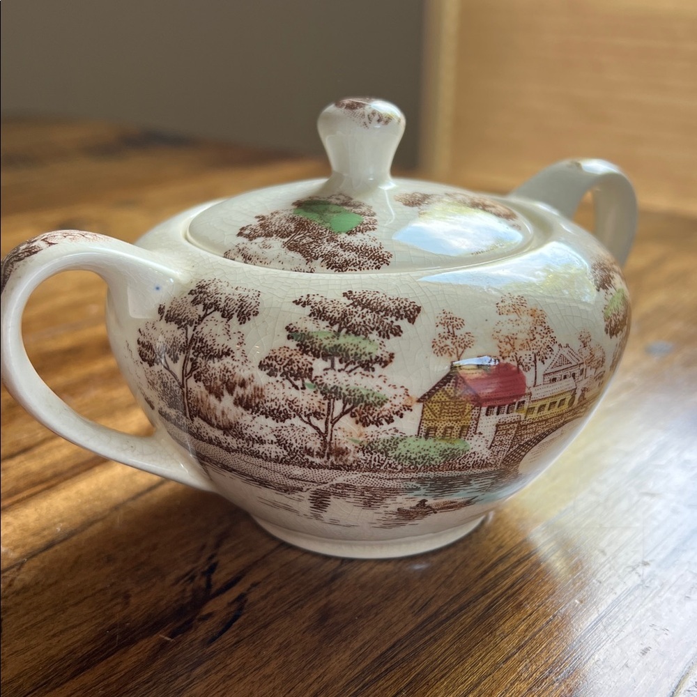 Nasco Holiday Japan Vintage Trasferware Village Print Sugar Bowl with Lid